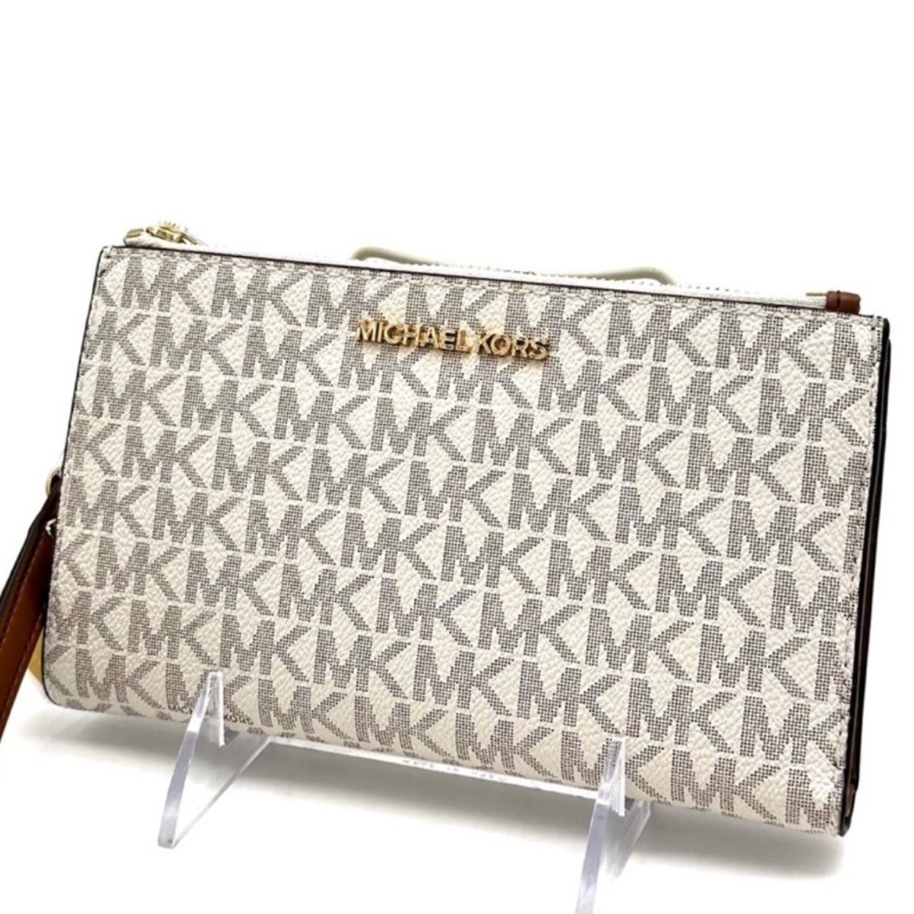 Michael Kors Double Zip Wallet Wristlet Vanilla/Brown Leather (NWT)